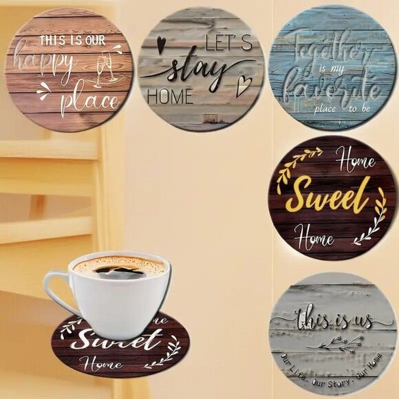 6pcs Rustic Wooden Coasters Set Hand Washable Heat Resistant Perfect for Home - Picture 1 of 2